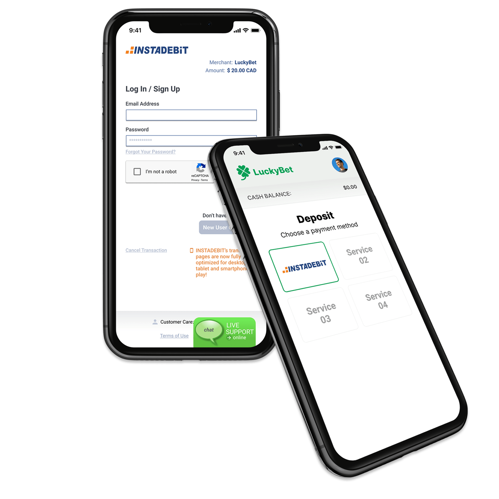Two mobile devices featuring INSTADEBIT screens